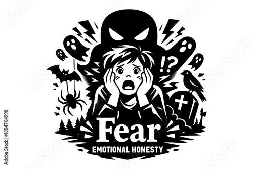 Child's face showing extreme fear and anxiety surrounded by spooky Halloween elements