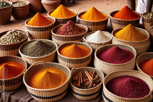 Bunte Gewürze in traditionellen Körben auf einem Markt