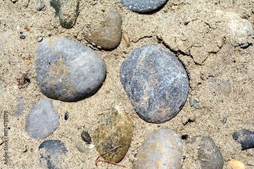 Foto pebbles in the sand on the beach. pebbles background.