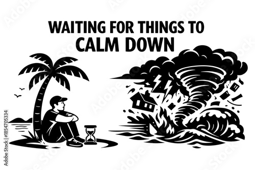 Man under palm tree waits for calm as tornado and tsunami approach