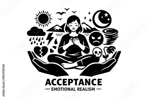 Woman meditating embracing life's dualities of joy and sorrow, good and bad