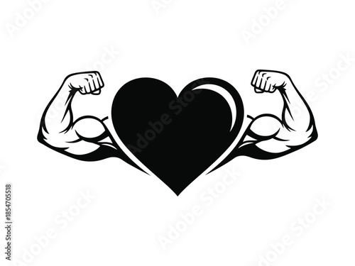 Strong Love Heart Icon with Flexing Muscular Arms – Power Fitness Symbol