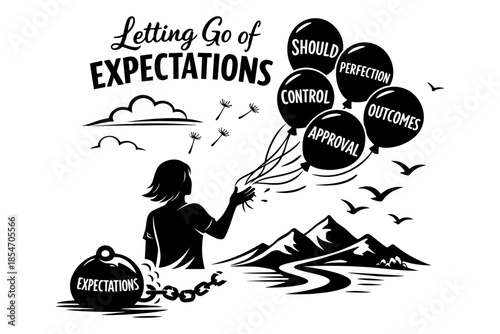 Woman releasing balloons labeled with expectations, breaking free from burdens