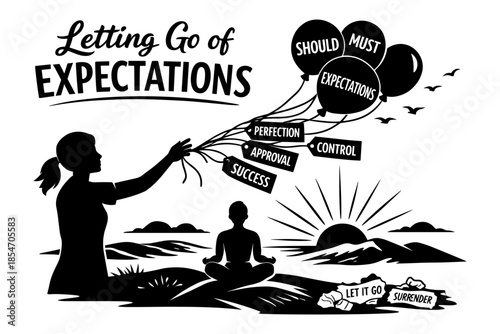 Woman letting go of balloons labeled with expectations, perfection, approval, success, control