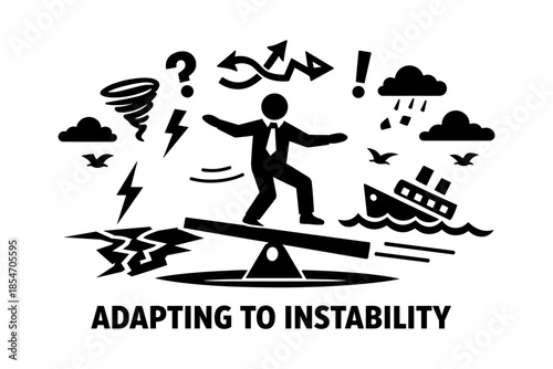 Businessman balancing on seesaw amidst chaos and natural disasters