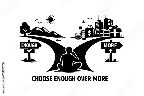 Person contemplating a life choice between contentment and accumulation at a crossroads