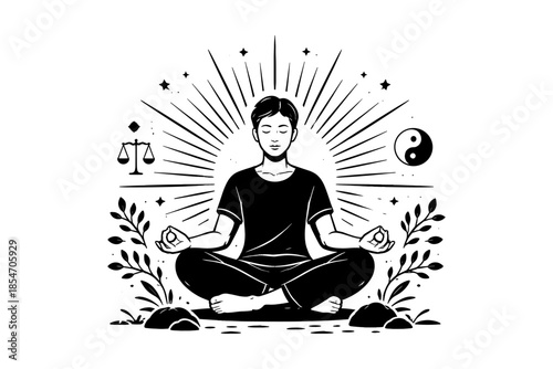Person meditating in lotus position with sunburst, yin yang, and scales of justice symbols