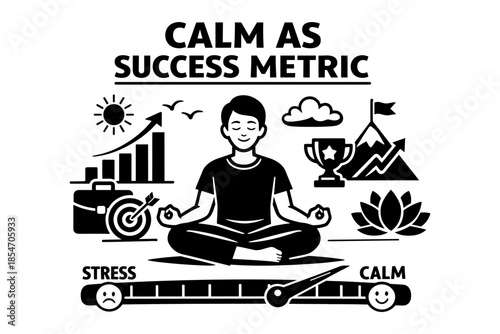 Calmness as a success metric, person meditating surrounded by symbols of achievement