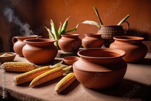 Traditionelle Töpfe mit Getreide und Gewürzen in einer rustikalen Küche