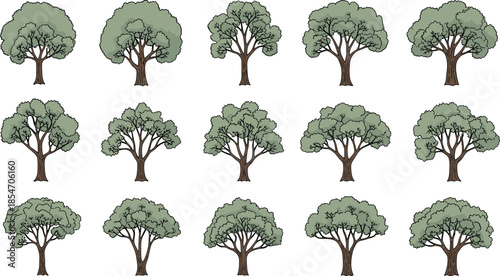 Hand drawn tree vector collection, multiple leafy deciduous trees, botanical illustration set, nature design elements, isolated blue green forest icons, for branding web print