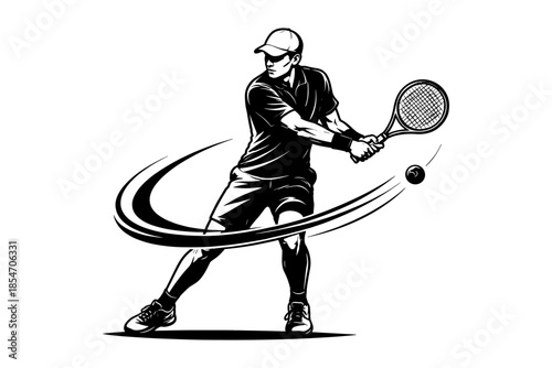 Dynamic tennis player in action hitting a forehand with a swoosh effect