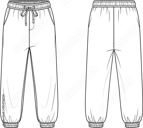 Jogger pants technical fashion illustration, front and back view, elastic waistband trousers, apparel design sketch, casual streetwear clothing outline, vector template, garment construction drawing