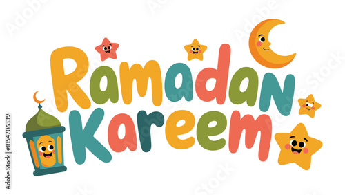Ramadan Greetings: A vibrant and inviting illustration with colorful lettering and festive design elements. Symbolizing the spirit of the Islamic holy month. 