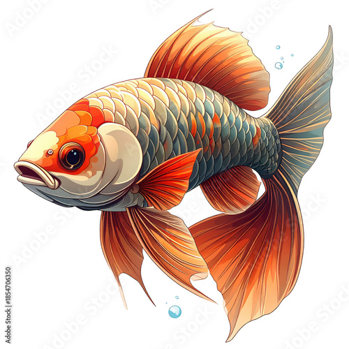 Cartoon Arowana Fish with Metallic Scales, Detailed Vector Illustration on Black
