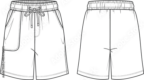 Men athletic shorts technical flat sketch, front and back view, drawstring waistband, pocket detail, sportswear apparel design, fashion illustration, vector line art template