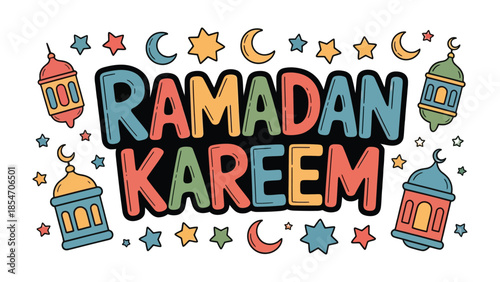 Ramadan Kareem Illustration: Festive and colorful illustration captures the spirit of Ramadan, decorated with crescent moons, stars, and lanterns.