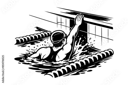 Swimmer reaching for the wall in a competitive swimming pool during a race