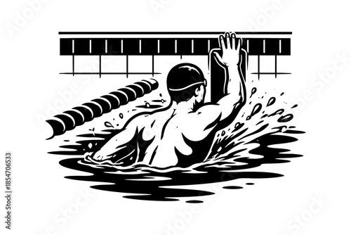 Swimmer in lane splashing water during race, black and white illustration