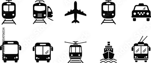 Public transportation icons set, train bus airplane taxi tram ferry symbols, urban travel transport silhouettes, modern mobility pictograms, flat black vector illustration