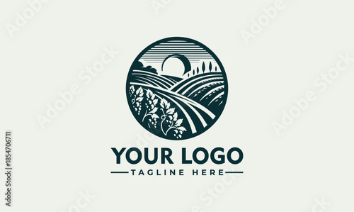 Vector logo design featuring a serene vineyard landscape with rows of grapevines and a stylized sun, set against a clean white background for branding purposes.