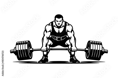 Muscular weightlifter performing a deadlift with a heavy barbell, black and white illustration