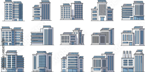 Modern city buildings vector illustration set, urban architecture icons, commercial office exterior collection, flat line design, construction skyline concept, minimal blue editable