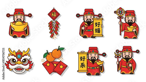 Chinese New Year Symbols Including Gods of Wealth and Lion Dance.