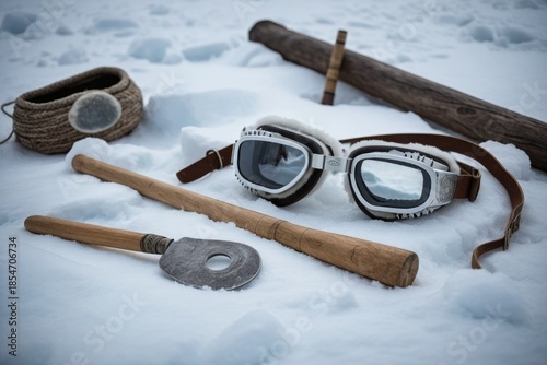 Traditionelle Ausrüstungsgegenstände wie Skier, Skistöcke und Goggles auf schneebedecktem Boden