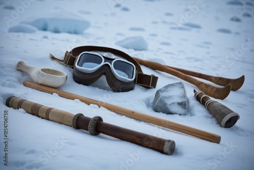 Traditionelle Ausrüstungsgegenstände wie Skier, Skistöcke und Goggles auf schneebedecktem Boden