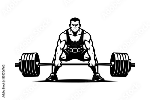Muscular weightlifter performing a deadlift with a heavy barbell in a stylized black and white illustration