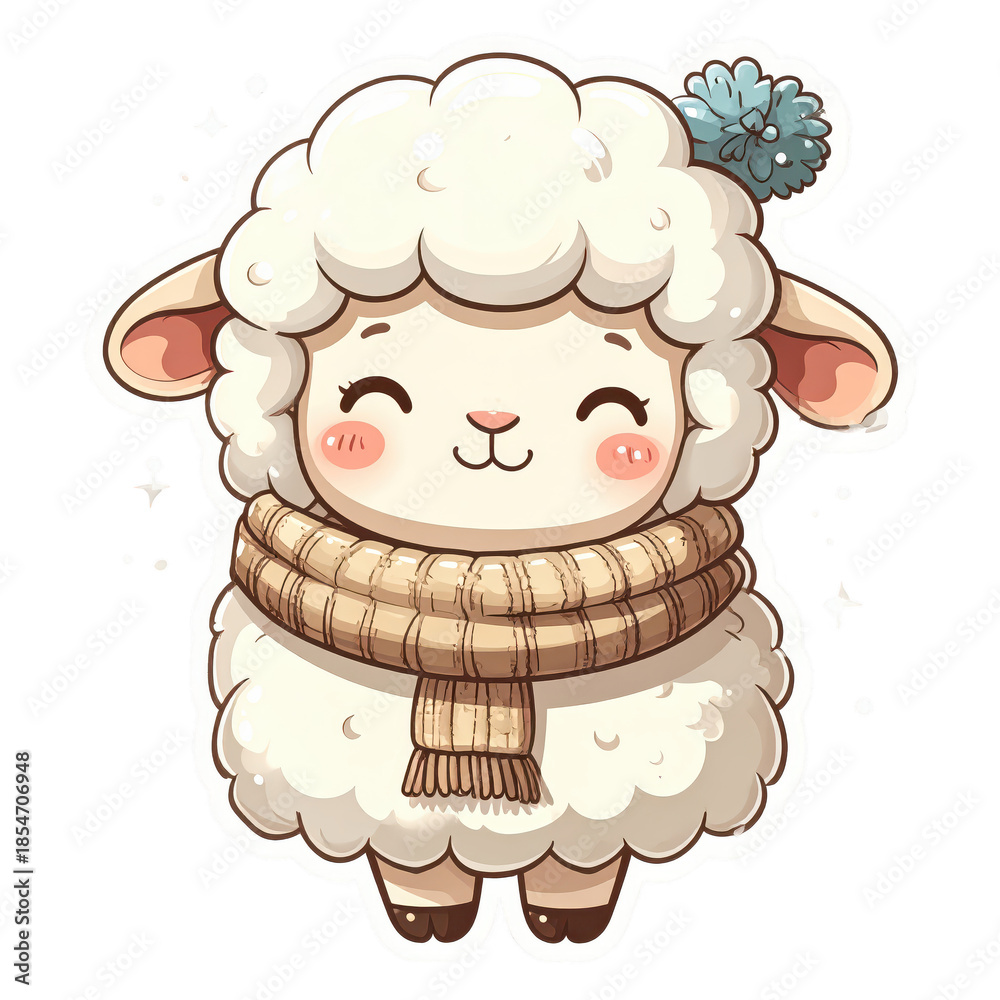 Fototapeta premium Sweet Cartoon Sheep with Santa Hat and Scarf, Christmas Holiday Vector Illustration