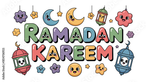 Ramadan Kareem: A vibrant and joyous illustration of Ramadan Kareem with playful elements of moons, stars and lanterns, conveying a sense of happiness and festive mood.