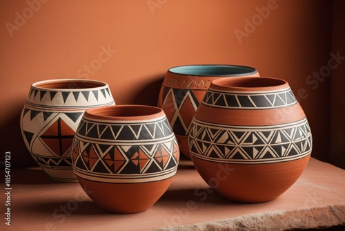 Traditionelle handgefertigte Töpferwaren mit geometrischen Mustern auf terrakottafarbenem Hintergrund