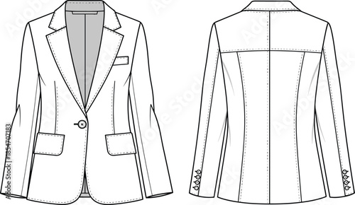 Women tailored blazer technical fashion illustration, front back view, flat sketch, formal jacket design, apparel pattern, sewing template, clothing blueprint, vector line art