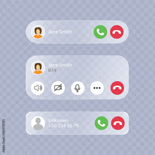 Incoming call notification mockup on transparent background. Modern glassmorphism ui for phone calls displaying incoming, active, and unknown contacts.The image presents a set of user interface elemen