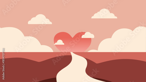Winding road leading to a large heart at sunset for hope and love concept