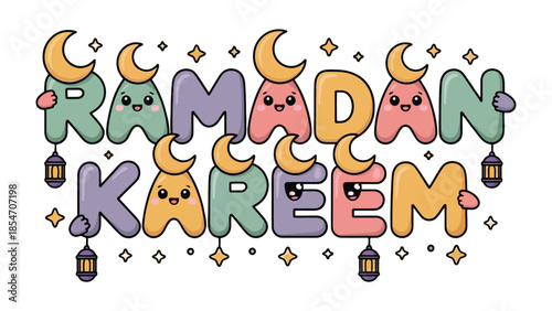 Ramadan Kareem: This vibrant illustration captures the spirit of Ramadan Kareem with playful cartoon lettering, crescent moons, and stars in a colorful, cheerful style.