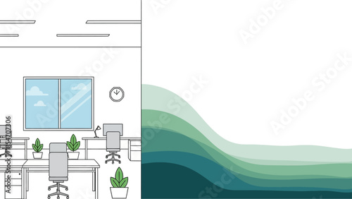 Modern office space with green wave design creates a serene and productive atmosphere for work