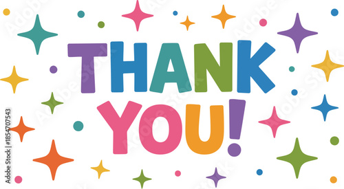 A bright thank you message featuring colorful letters surrounded by sparkling stars and small dots