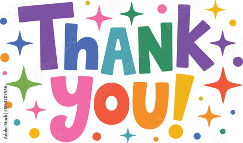 A cheerful Thank you! message with bold, rounded letters in a vibrant color palette and sparkling stars