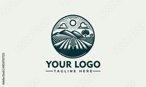 Vector logo design featuring a serene vineyard landscape with rolling hills and a stylized sun, incorporating a placeholder logo and tagline on a clean background.