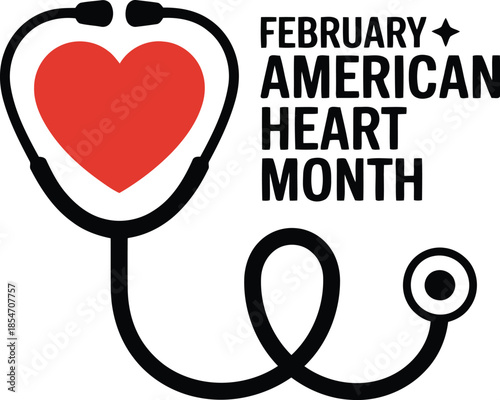 A simple illustration for February American Heart Month showing a stethoscope around a red heart symbol