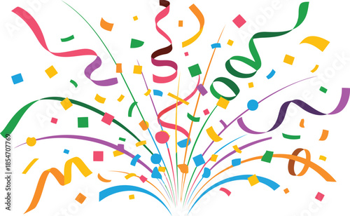 A lively fountain of colorful confetti and curled streamers bursts upwards from the bottom on a white field