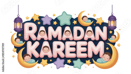 Ramadan Kareem Illustration: Festive and colorful illustration of the greeting Ramadan Kareem, embodying the spirit of the holy month with stars, moon, and lamps. 