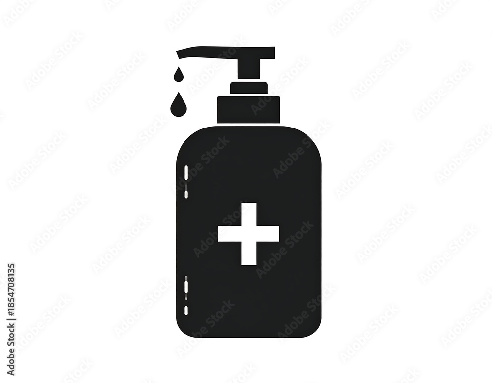 Fototapeta premium Simplified graphic of a pump bottle dispensing a drop of liquid, featuring a plus sign