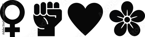 Black graphic symbols representing female gender equality power and heartfelt solidarity
