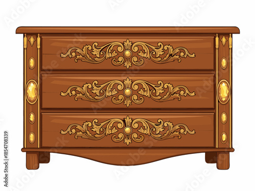 Vector illustration of an antique wooden dresser with ornate gold handles in a traditional style