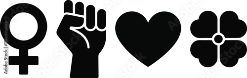 Collection of powerful black symbols representing feminism, solidarity, love, and good fortune