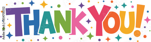 Bright and colorful THANK YOU! lettering accompanied by cheerful stars and confetti like dots