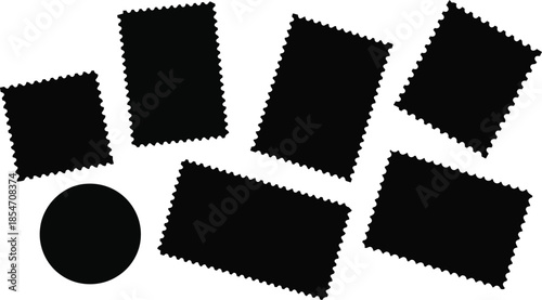 Collection of scattered blank black postage stamp shapes with a single round circle silhouette